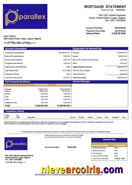 Nigeria Parallex Bank mortgage statement Word and PDF template